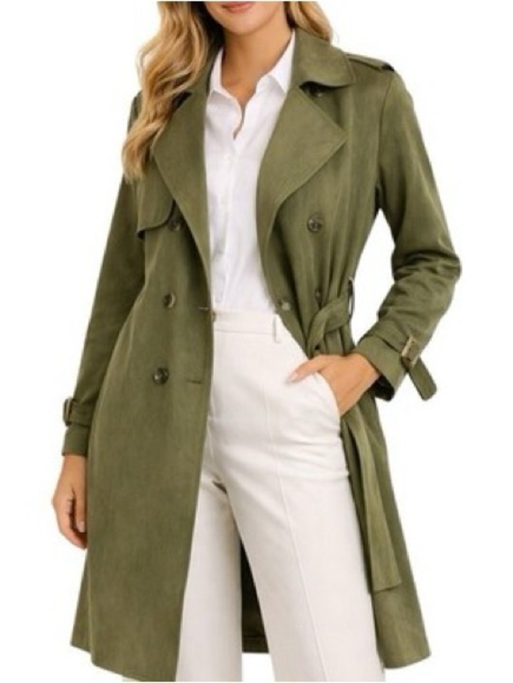 Love for Humanity Double Breasted Couture Trench Coat Women XL Olive Faux Suede